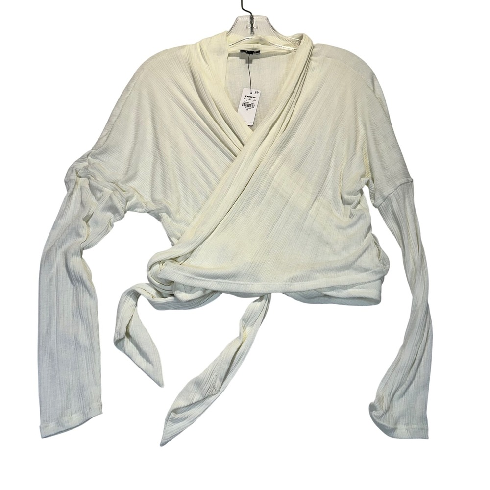 Express Wrap Top Womens Medium Ivory Ribbed Knit Balletcore Coquette Long Sleeve